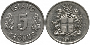 Исландия 5 крон 1977 KM 18 медно-никель 181-636