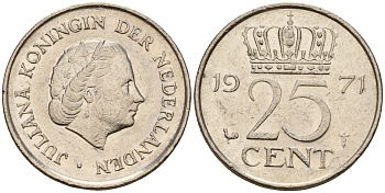 Нидерланды 25 центов 1971 Юлиана (1949-1980) KM 183 никель    4598-462