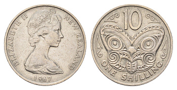 Новая Зеландия 10 центов 1967 Елизавета II (1952-2022), маска маори, 1 шиллинг KM 35 медно-никель 4671-531