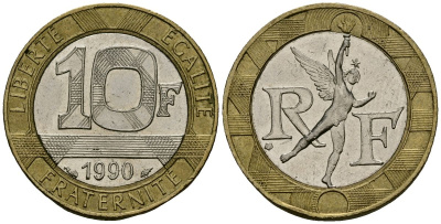 Франция 10 франков 1990 тип Гений Бастилии KM 964.1, Le Frank 375.5 биметалл 4135-544