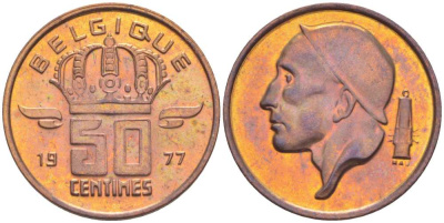 БЕЛЬГИЯ 50 САНТИМОВ 1977 BELGIQUE, БОДУЭН I (1951-1993) KM 148.1 бронза 214-639