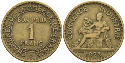 Франция 1 франк 1923 KM 876, Le Franc 218.5 алюминиевая бронза 4142-656