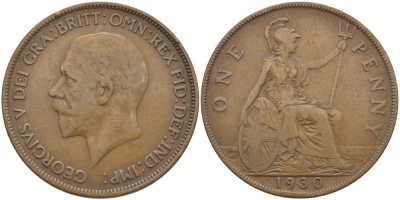 Великобритания 1 пенни 1930 Георг V (1910-1936) KM 838, Spink 4055 бронза 115-242