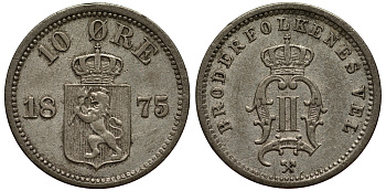 Норвегия 10 эре 1875 Оскар II (1874-1906) KM 350 серебро 1530-533