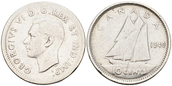 Канада 10 центов 1940 парусник, Георг VI (1937-1952) KM 34 серебро 4580-342