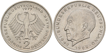 ФРГ 2 марки 1977 F,  Конрад Аденауэр KM 124, J. 406 медно-никель  UNC  4149-531