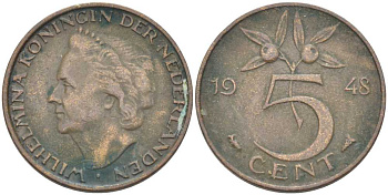 НИДЕРЛАНДЫ 5 ЦЕНТОВ 1948 ВИЛЬГЕЛЬМИНА (1890-1948) KM 176 бронза 213-1012