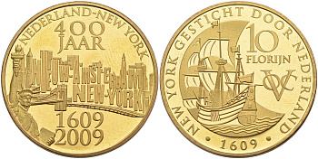 Нидерланды медаль, 10 флоринов 2009 Восточно-Индийская компания, 400 лет открытия Нью- Йорка, диаметр 35 мм., позолота бронза PROOFLIKE 4558-734