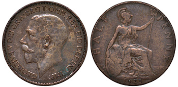 Великобритания 1/2 пенни 1925 Георг V (1910-1936), штрих на A - прямой KM 824, Spink 4057 бронза 4122-732