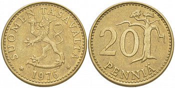 ФИНЛЯНДИЯ 20 ПЕННИ 1976 K KM 47 алюминиевая бронза 3718-627