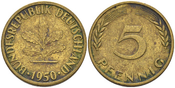 ФРГ 5 пфеннигов 1950 J KM 107, J. 382 сталь плакированная латунью 55-1257