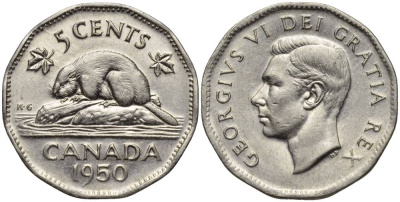 КАНАДА 5 ЦЕНТОВ 1950 БОБЁР, ГЕОРГ VI KM 42 никель 27-521