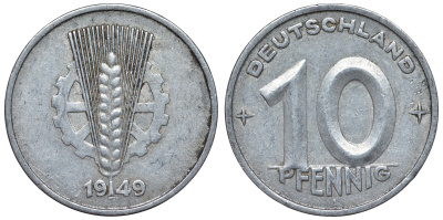 ГДР 10 пфеннигов 1949 A KM 3 алюминий 4119-436