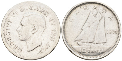 Канада 10 центов 1940 парусник, Георг VI (1937-1952) KM 34 серебро 4580-342