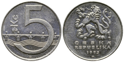 Чехия 5 крон 1993 чешский лев, Карлов мост KM 8 сталь плакированная никелем 4364-4442