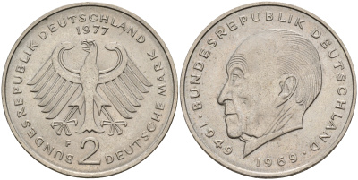ФРГ 2 марки 1977 F,  Конрад Аденауэр KM 124, J. 406 медно-никель  UNC  4149-531