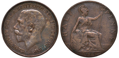 Великобритания 1/2 пенни 1925 Георг V (1910-1936), штрих на A - прямой KM 824, Spink 4057 бронза 4122-732