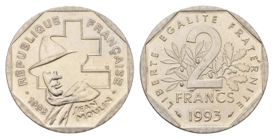 Франция 2 франка 1993 Жан Мулен, 50 лет Национальному движению сопротивления KM 1062 никель aUNC 4118-851