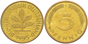 ФРГ 5 ПФЕННИГОВ 1995 F KM 107, J. 382 сталь плакированная латунью 4396-1659