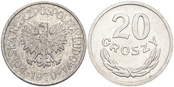 ПОЛЬША 20 ГРОШЕЙ 1970 MW KM A47 алюминий XF-UNC 188-712