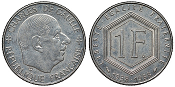 Франция 1 франк 1988 Шарль де Голль KM 963, Le Franc 227.2 никель 4128-412