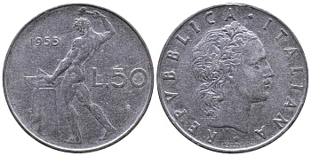 ИТАЛИЯ 50 ЛИР 1955 R, БОГ ОГНЯ ВУЛКАН У НАКОВАЛЬНИ KM 95.1 нержавеющая сталь 3333-832