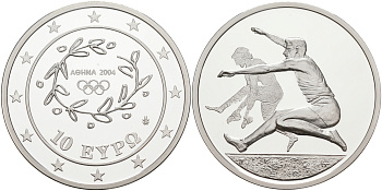 Греция 10 евро 2003 XXVIII летние Олимпийские игры 2004 года в Афинах, прыжки в длину KM 194 серебро PROOF 1074-9-43