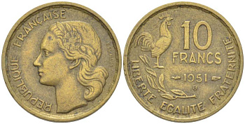 Франция 10 франков 1951 B, петух KM 915.2, Le Franc 363.5 алюминиевая бронза 202-1257