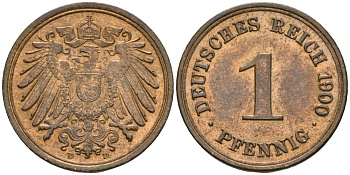 Германия 1 пфенниг 1900 D, Вильгельм II (1888-1918) KM 10, J. 10 медь 4608-148