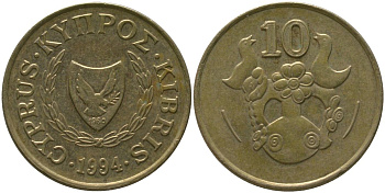 Кипр 10 центов 1994 KM 56.3 никель латунь 4380-324