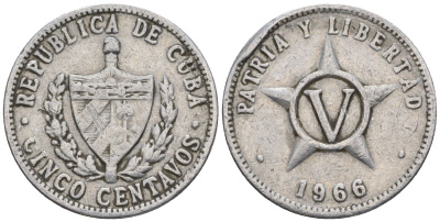Куба 5 сентаво 1966 KM 34, JMA 42, Y 28, Schoen 32 алюминий 4114-132