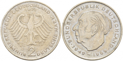 ФРГ 2 марки 1971 D, Теодор Хойс KM 127, J. 407 медно-никель плакированный никелем  3996-617