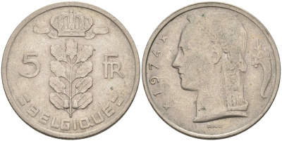 Бельгия 5 франков 1974 Belgique, Бодуэн I (1951-1993) KM 134.1 медно-никель    4592-1225
