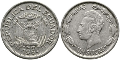ЭКВАДОР 1 СУКРЕ 1964 АНТОНИО ХОСЕ де СУКРЕ KM 78b никелированная сталь 3336-625