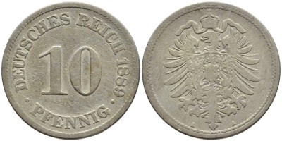ГЕРМАНИЯ 10 ПФЕННИГОВ 1889 A, СТАРОГЕРБОВКА KM 4, J.4 медно-никель 4395-1232