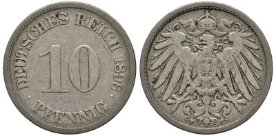 ГЕРМАНИЯ 10 ПФЕННИГОВ 1896 F KM 12, Jager 13, Weege 8 медно-никель 4538-814