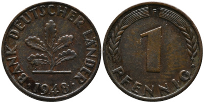 ФРГ 1 пфенниг 1948 F KM А101, J.376 сталь плакированная медью 99-239
