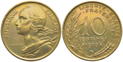 ФРАНЦИЯ 10 САНТИМОВ 1970 ТИП MARIANNE KM 929 медь алюминий никель 112-356
