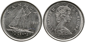 КАНАДА 10 ЦЕНТОВ 1988 ЕЛИЗАВЕТА II (1952-), ПАРУСНИК, ВТОРОЙ ПОРТРЕТ В КОРОНЕ KM 77.2 никель 4532-834