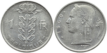 БЕЛЬГИЯ 1 ФРАНК 1969 BELGIQUE KM 142.1 медно-никель 4385-431