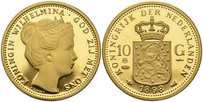 Нидерланды 10 гульденов 1898 реплика, проба 925 позолота серебро PROOF 02-070-52