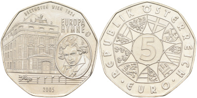 Австрия 5 евро 2005 10 лет вступления Австрии в ЕС, Бетховен, гимн ЕС KM 3120 серебро UNC 4593-126