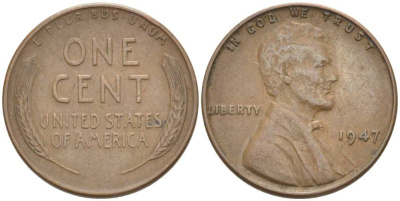 США 1 ЦЕНТ 1947 ЛИНКОЛЬН KM А132 медь цинк 3309-547