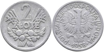 Польша 2 злотых 1958 MW KM 46, Parchimowicz 216a алюминий 111-213