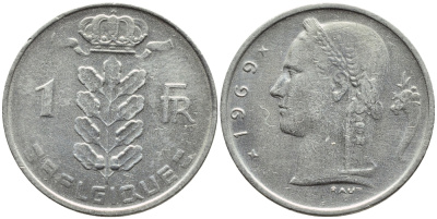 БЕЛЬГИЯ 1 ФРАНК 1969 BELGIQUE KM 142.1 медно-никель 4385-431
