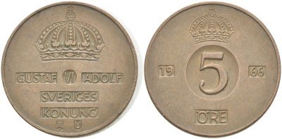 Швеция 5 эре 1966 U, Густав VI Адольф (1950-1973) КМ 822 бронза 77-532