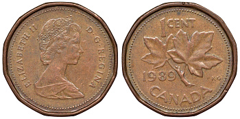 Канада 1 цент 1989 Елизавета II (1952-2022), кленовый лист KM 132 бронза 71-115