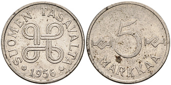 Финляндия 5 марок 1956 KM 37a никелированное железо  4147-416