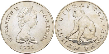 Гибралтар 25 пенсов 1971 Елизавета II (1952-2022), обезьяна KM 5 медно-никель UNC 4527-423