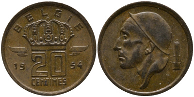 Бельгия 20 сантимов 1954 Belgie, Бодуэн I (1951-1993) KM 147.1 бронза 99-344